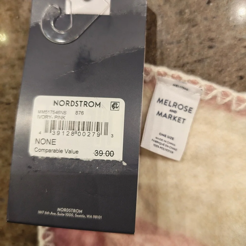 Melrose and Market Pink Ivory Plaid Boucle Scarf Blanket Stitch One Size NWT